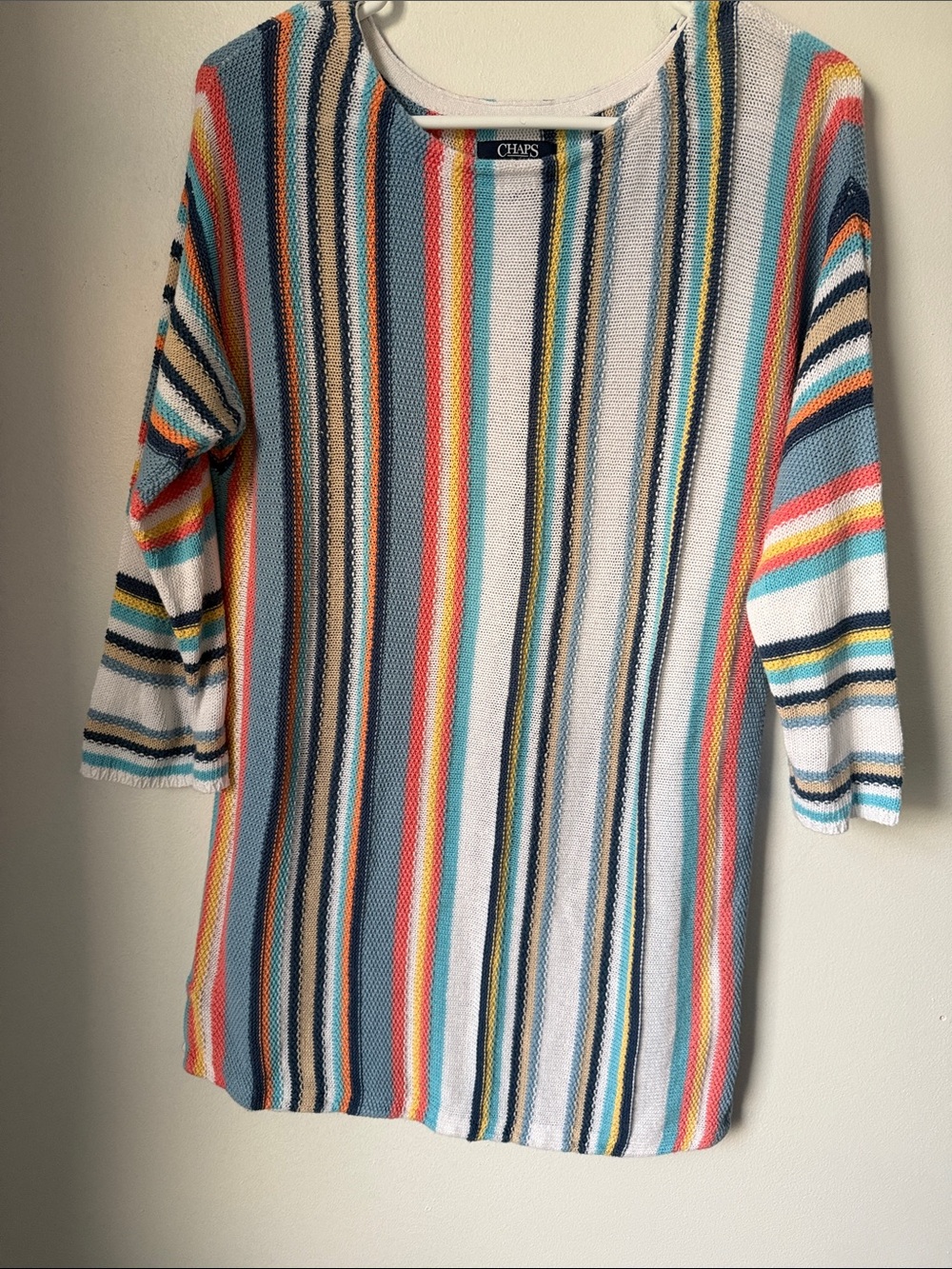 Chaps Multicolor Vertical Stripe Knit Sweater - Blue White Pink Yellow Green